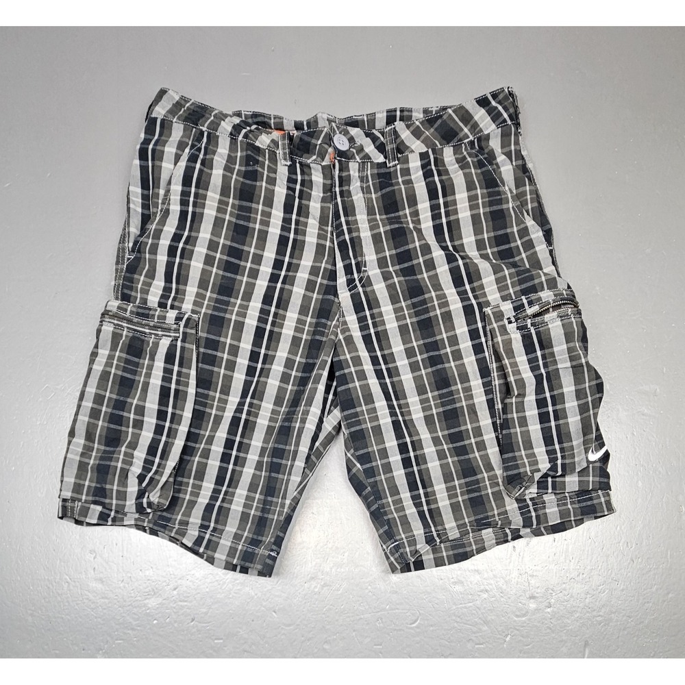 Nike Athletic Department Cargo Shorts Mens 32‎ (Med). Y2K Gray Plaid Orange Tag